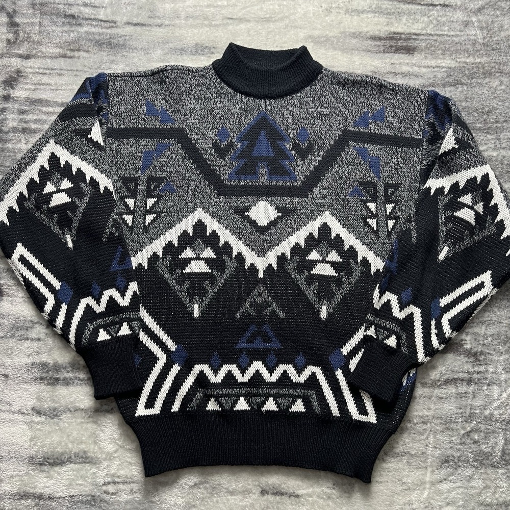 Vintage 90s Men's Spettro M Crewneck Geometric Patterned Knit Sweater Grandpa